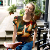 SurArt 112 all-over print crop tee with vibrant patterns on model.